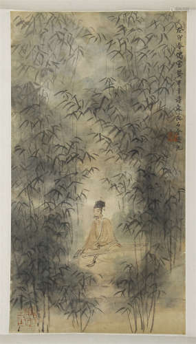 CHINESE SCROLL PAINTING OF SEATED MEN IN BAMBOO