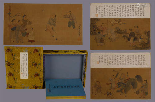 EIGHT PAGES OF CHINESE ALBUM PAINTING OF BOY PLAYING WITH CALLIGRAPHY