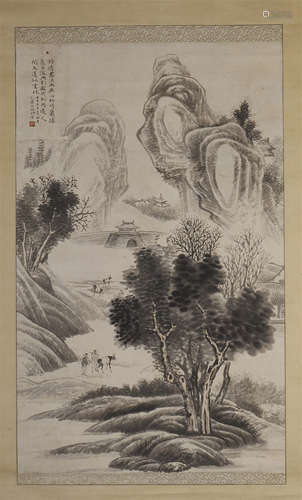 CHINESE SCROLL PAINTING OF MEN IN MOUNTAIN