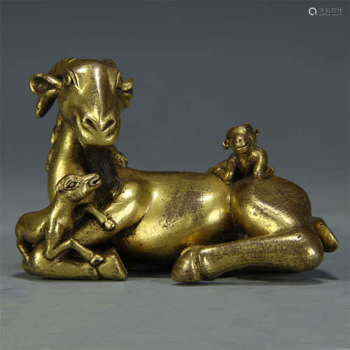 CHINESE GILT BRONZE SEATED THREE RAM TABLE ITEM