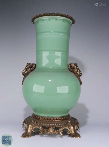 A CYAN-BLUE GLAZE VASE GILT BRONZE BASE&MOUTH&BEAST SHAPED EAR WITH MARKING