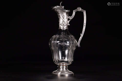 A CRYSTAL POT EMBEDED SILVER FLORAL PATTERN