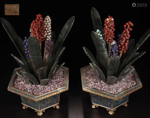 A PAIR OF QIANLONG MARK CLOISONNE BONSAIS