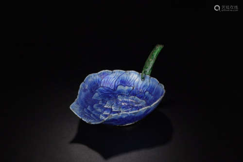 A BRONZE CUP PAINTED BLUE & SHAPED AS FLOWER