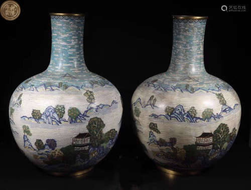 A PAIR OF CLOISONNE VASES WITH VILLAGE PAINTING
