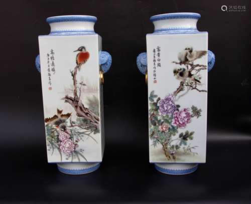 A PAIR OF FAMILLE ROSE INSCRIBED CONG VASE, YU HAN