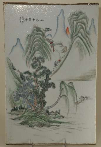 Porcelain plaque. China. Republic period. Circa 1930. Famille verte landscape with an inscription. 15-1/4