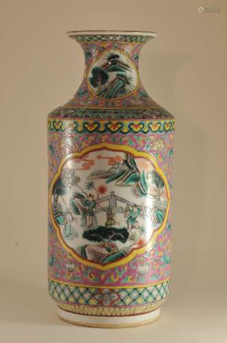 Porcelain vase.  China. 19th century. Cylindrical form with a slightly flaring neck. Famille verte reserves of figures in landscapes on a lotus scrolled magenta ground. 13-3/4