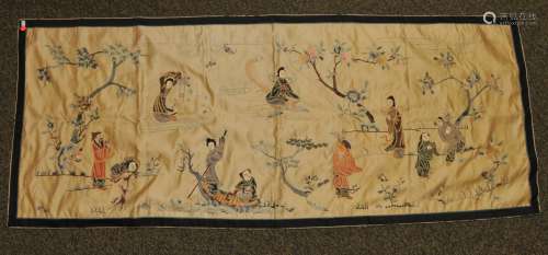 Embroidered panel. China. 19th to early 20th century. Figures of The Immortals in chain stitch.  On a yellow ground. 70