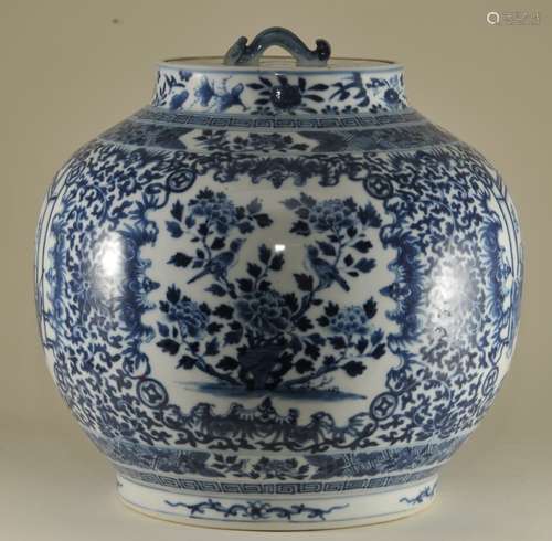 19th century blue and white porcelain large round covered jar. Interior genre scenes with figures and floral and bird decoration. 9-3/4