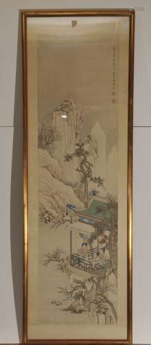 Scroll painting. China. 19th century. Tao Kuang date at top right. Ink and colours on paper. Women in a pavilion in a snowy mountain landscape. 42