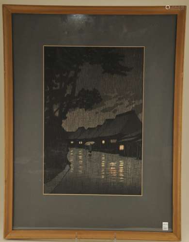 Hasui woodblock print. Rain at night. Framed. Not examined out of the frame. Sight size: 14