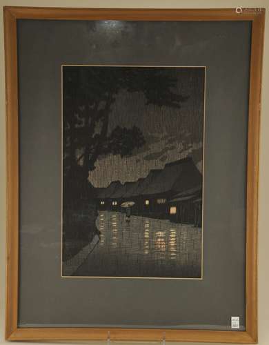 Hasui woodblock print. Rain at night. Framed. Not examined out of the frame. Sight size: 14