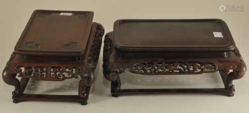 Two 19th century Chinese carved hardwood rectangular stands with pierced floral scroll decoration. Largest- 8-1/2