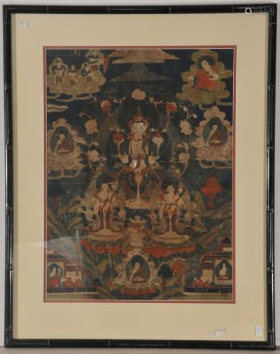 Buddhist Icon. China. 19th century. Thangka of the whie Tara with lineage figures. Mineral pigments on heavy cloth. 22