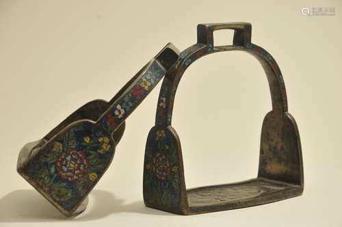 Pair of >>>>>>>>>ASK JIM   brass and cloisonne decorated stirrups. Loss to Cloissone enamel. 19th century?? Or earlier.  5