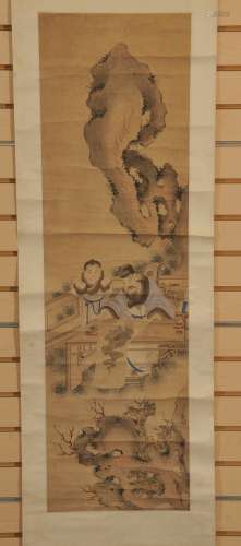 Hanging scroll. China. 19th century. Ink and colours on paper. Scene of a scholar with his attendant painting a dragon. 40