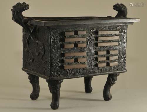 Bronze censer. Japan. 19th century. Square form decorated with the trigrams. Foo dog handles. 10
