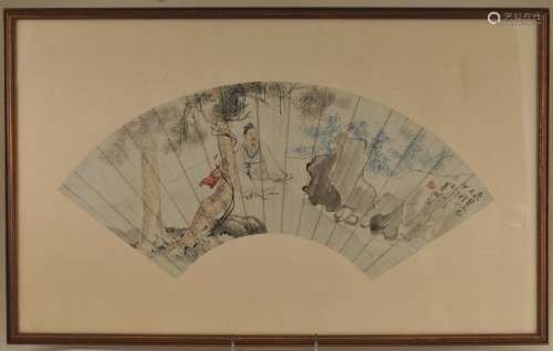 Fan painting. China. 19th century. Ink and colours on paper. Scene of a scholar playing a chin beneath a tree. 19