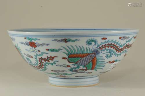 Porcelain bowl. China. 20th century. Tou Tsai ware. Decoration of phoenixes and clouds. Ch'eng Hua mark. 7-1/2