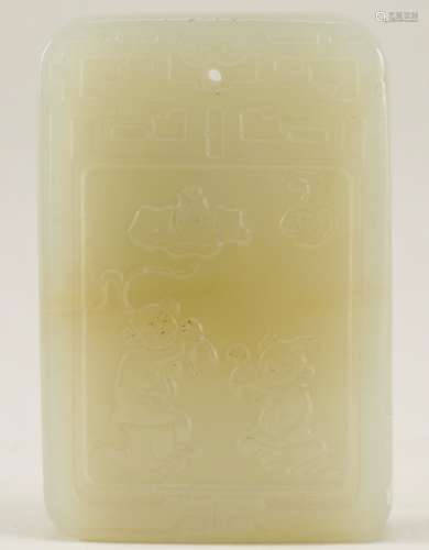 Rectangular jade pendant. Pale celadon green colour. One side with children playing. The other with an inscription. 2