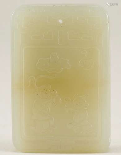 Rectangular jade pendant. Pale celadon green colour. One side with children playing. The other with an inscription. 2