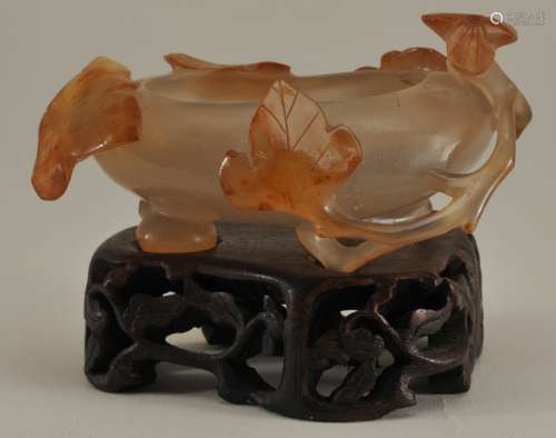 Agate water coupe. China. 19th  century. Friut shaped with foliage. Highly translucent grey and russet colours. 3-1/2