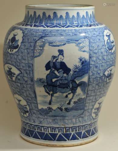 Large porcelain wine jar. China. 19th century. Baluster form. Underglaze blue decoration of reserves of women and 