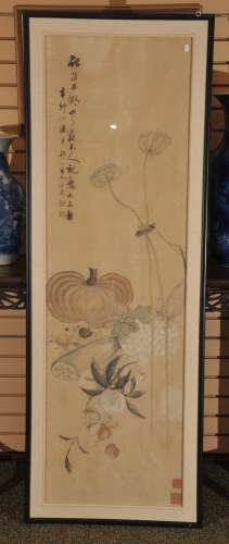 Scroll painting. China. 19th century. Ink and colours on paper. Still life with a pumpkin, lotus root, ducks and others. 60
