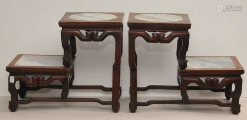 Pair of two tiered stands. China. Early 20th century. Rosewood tops inset with grey marble. 13