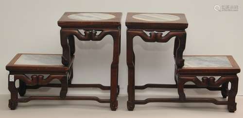 Pair of two tiered stands. China. Early 20th century. Rosewood tops inset with grey marble. 13