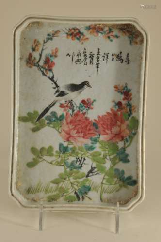 Porcelain tray. China. Early 20th century. Rectangular form with cut corners. Decoration of birds and flowers in Famille Rose enamels and also with a poem. 9-1/2