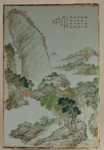 Porcelain plaque. China. Republic period. Circa 1930. Rectangular form. Famille verte decoration of a landscape. Poem and inscription in Li Shu and Kaishu scripts. Signed. 15