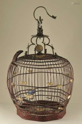 Bird cage. China. 19th century. Wood, bone, porcelain with paktong mounts. 21