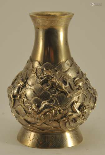 Bronze vase. China. 18th century. Hu form. Decoration of various mythical animals on a wave strewn ground. Extensive silver inlay. Signed Shih Sou. Polished., 6