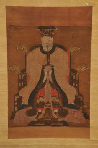 Scroll painting. China. 18th century. Ink and colours on silk. Icon of the King of Heaven. Toning, creases. 33-1/4