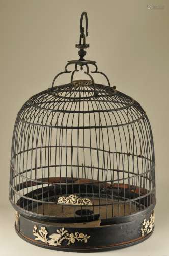 Bird cage. China. 19th century. Wood, bone, porcelain with paktong mounts. 22