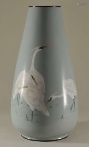 Cloisonne vase. Japan. Meiji period. (1868-1912). Musen Shippo type. Wireless. Four egrets on a grey ground. Bud shaped. 10