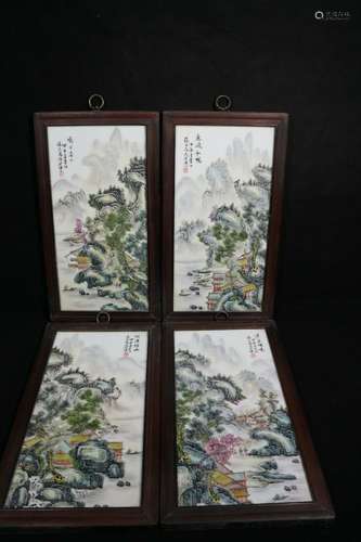 A Set of 4 Famille Rose Porcelain Plaques