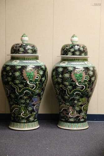 A Pair of Massive Famille Noire Enameled Porcelain Baluster Vases