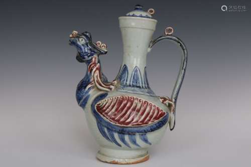 A Blue and White and Copper Red Porcelain Wine Pot