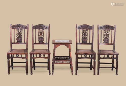 清代（1644-1911） 红木嵌大理石四方台 红木花卉纹椅 （五件一组）