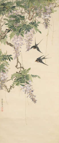 徐聪佑（1902～1989） 紫藤飞燕 立轴 设色绢本