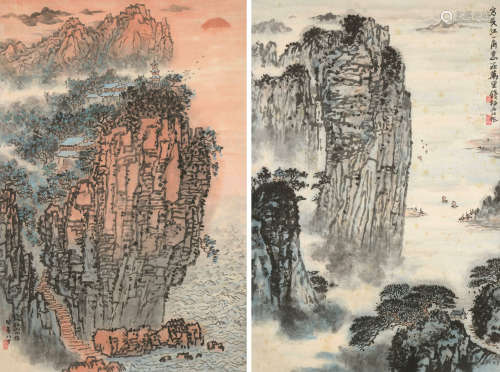 钱松嵒（1899～1985） 写长江一角意 山水 （双幅） 立轴 设色纸本