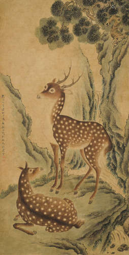 沈铨（1682～1760） 松下双鹿 立轴 设色纸本