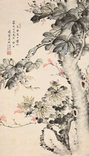 吴煦（1809～1872） 梧桐菊石 立轴 设色纸本