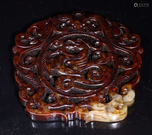 AN OLD HETIAN JADE TABLET OF DRAGON AND PHOENIX