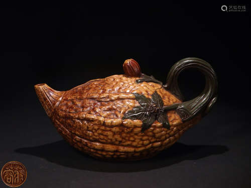 A MUD GOURD SHAPE ZISHA TEAPOT WITH MARKING