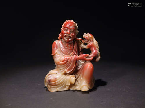 A SHOUSHAN FURONG STONE ORNAMENT OF BUDDHA AND THE BEAST