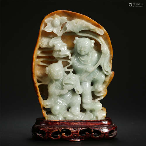 CHINESE JADEITE BOY WITH LOTUS TABLE ITEM